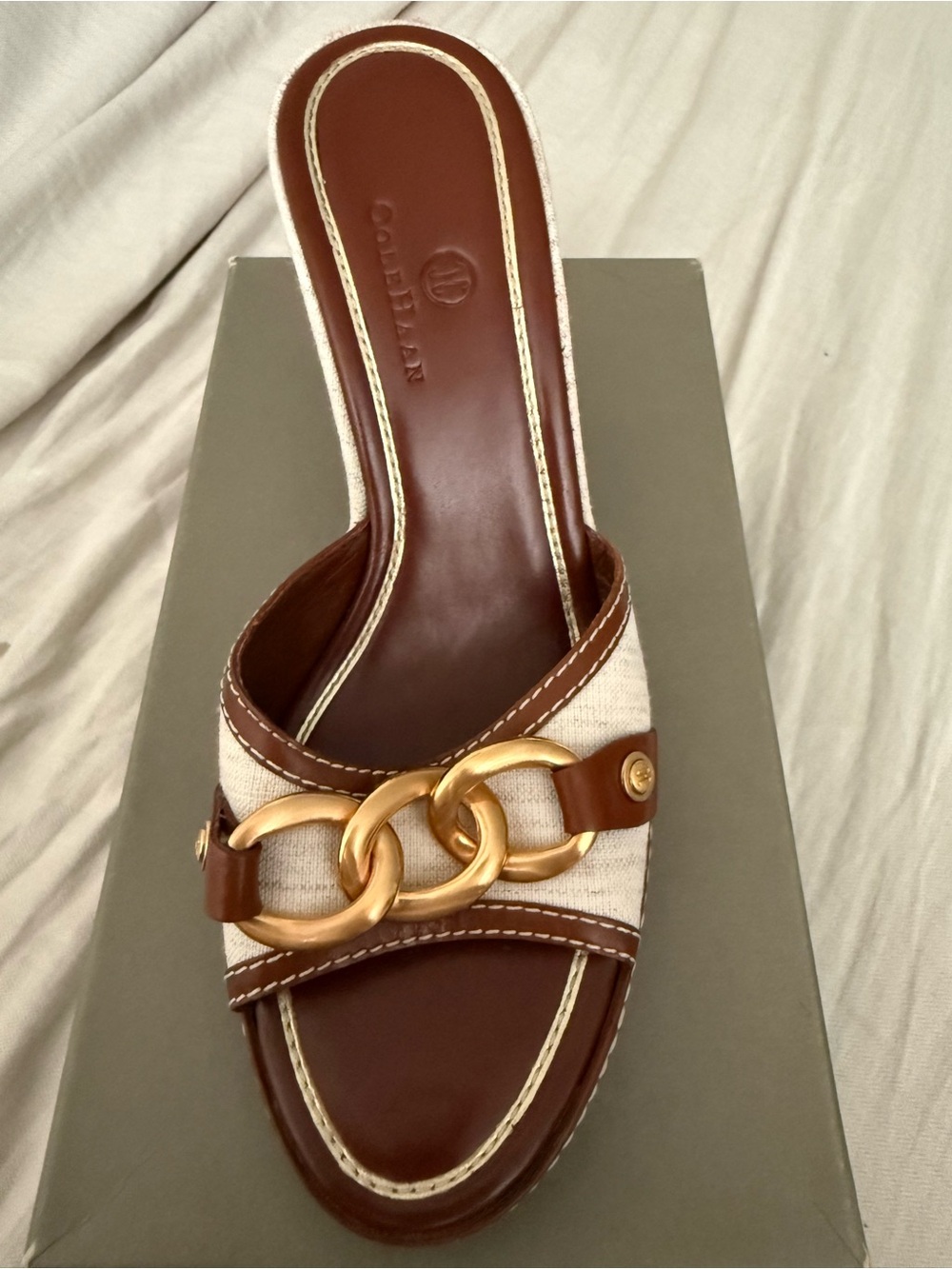 Cole Haan Kina Wedge—Natural Linen Color with Chain